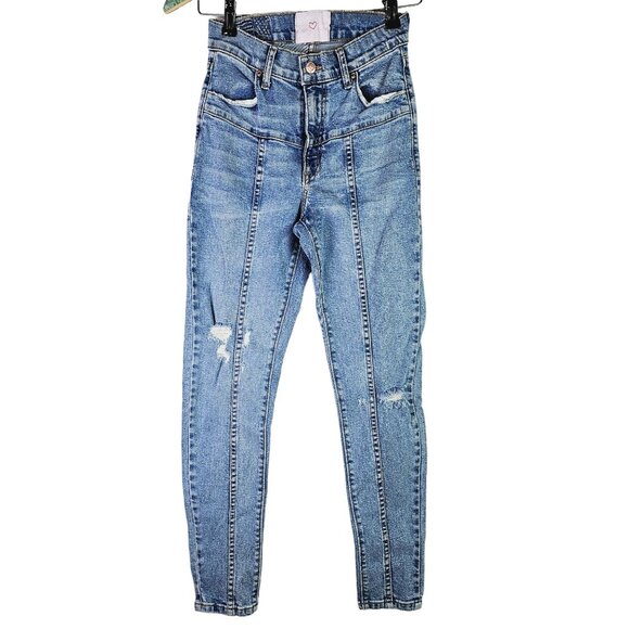 Revice Revolve High Rise Rib Cage Two Panel Skinny Distressed Jean Acid Wash, 25 - Picture 1 of 8